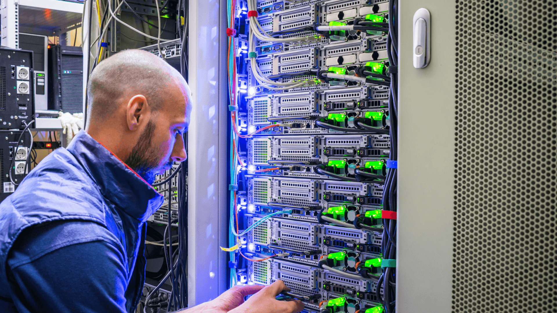 Man Switching Cables In A Server Rack